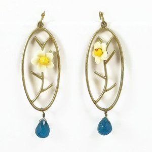 Flowery Drop Earrings W/Blue Stone Women's Jewerly